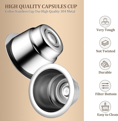 Refillable Coffee Capsules Cup Stainless Steel Reusable Coffee Pods Compatible with Nespresso Machines (2 Cups + 100 Lids)