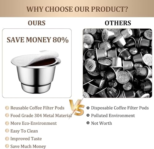 Refillable Coffee Capsules Cup Stainless Steel Reusable Coffee Pods Compatible with Nespresso Machines (2 Cups + 100 Lids)