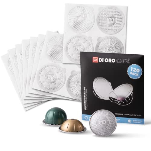 All-New di Oro Caffè Reusable Coffee Pod Lids Compatible for Nespresso VertuoLine Machines to Reuse Vertuo Coffee Capsules - 62mm Cover Seals for Refillable Pods - Aluminum Foil Lids (120 Pack)
