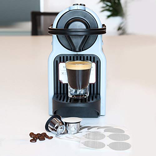 Refillable Coffee Capsules Cup Stainless Steel Reusable Coffee Pods Compatible with Nespresso Machines (2 Cups + 100 Lids)