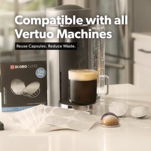 All-New di Oro Caffè Reusable Coffee Pod Lids Compatible for Nespresso VertuoLine Machines to Reuse Vertuo Coffee Capsules - 62mm Cover Seals for Refillable Pods - Aluminum Foil Lids (120 Pack)