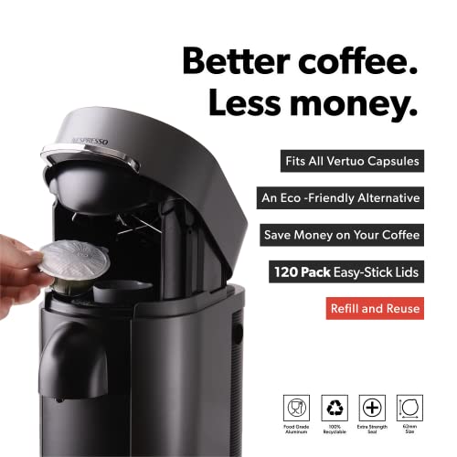 All-New di Oro Caffè Reusable Coffee Pod Lids Compatible for Nespresso VertuoLine Machines to Reuse Vertuo Coffee Capsules - 62mm Cover Seals for Refillable Pods - Aluminum Foil Lids (120 Pack)
