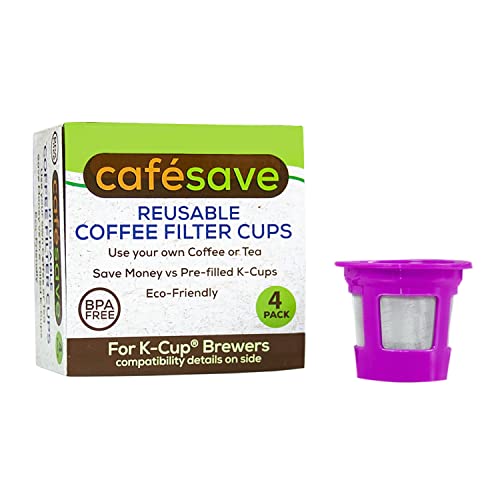 Perfect Pod Cafe Save Reusable K Cup Pod Coffee Filters - Refillable Coffee Pod Capsules with Built-In, Integrated Mesh Strainer for Use with Keurig & Select Single Cup Coffee Machines, 4-Pack