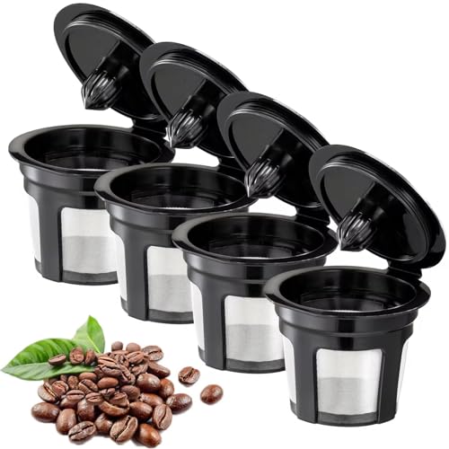 Reusable K Cups, 4 Pack Universal Fit Reusable Coffee Filters with Food Grade Stainless Steel Mesh Eco-Friendly Coffee Reusable Pods for Keurig 1.0 and 2.0 Brewers (Black)