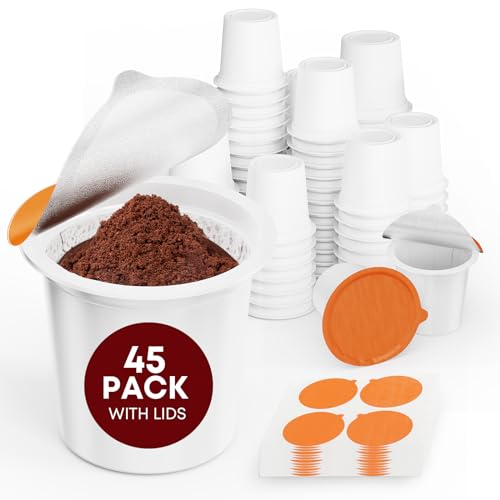 TOVECARE, 45 Count - Make Your Own K Cup Coffee Pods, Disposable Fillable Empty K Cups & Aluminum Foil Seals Lids Kit Compatible with All Keurig Coffee Brewers 1.0 & 2.0. Sealed for freshness.