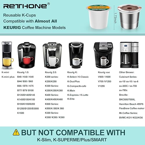 RETHONE K Cup Reusable Coffee Pods Compatible with Keurig 1.0 & 2.0 Coffee Machines, Universal Stainless Steel Reusable K Cups Brewers Refillable K Cups (4 Pack)