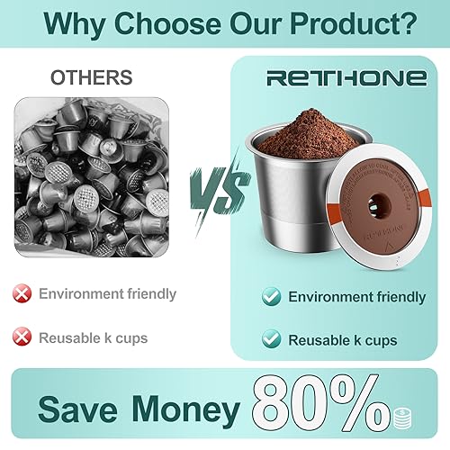 RETHONE K Cup Reusable Coffee Pods Compatible with Keurig 1.0 & 2.0 Coffee Machines, Universal Stainless Steel Reusable K Cups Brewers Refillable K Cups (4 Pack)