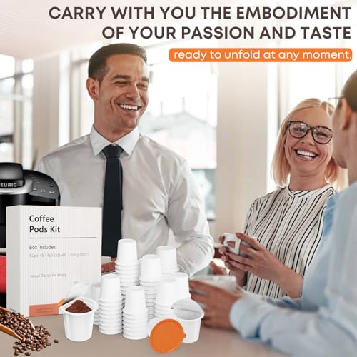 TOVECARE, 45 Count - Make Your Own K Cup Coffee Pods, Disposable Fillable Empty K Cups & Aluminum Foil Seals Lids Kit Compatible with All Keurig Coffee Brewers 1.0 & 2.0. Sealed for freshness.