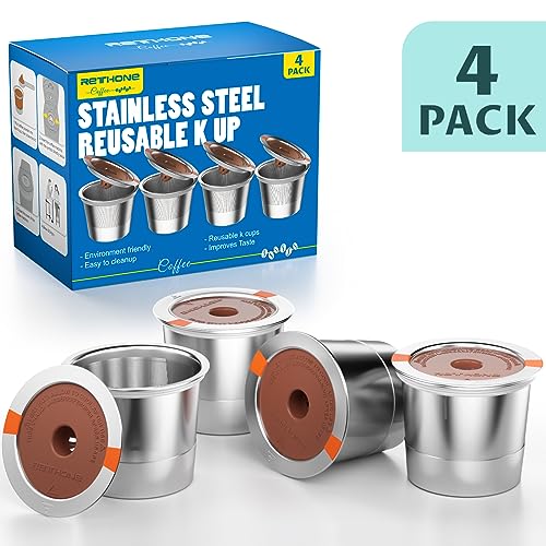 RETHONE K Cup Reusable Coffee Pods Compatible with Keurig 1.0 & 2.0 Coffee Machines, Universal Stainless Steel Reusable K Cups Brewers Refillable K Cups (4 Pack)