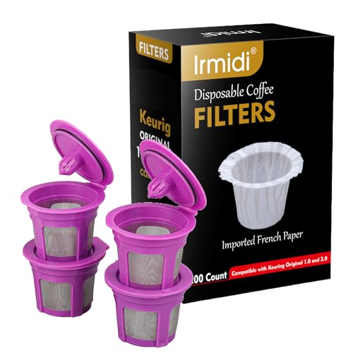 Irmidi 100 Count Disposable Coffee Paper Filters with 4 Pack Reusable K Cup Coffee Pods,Compatible with Keurig Brewers Single Serve 1.0 and 2.0, (100 count+4 k cups)