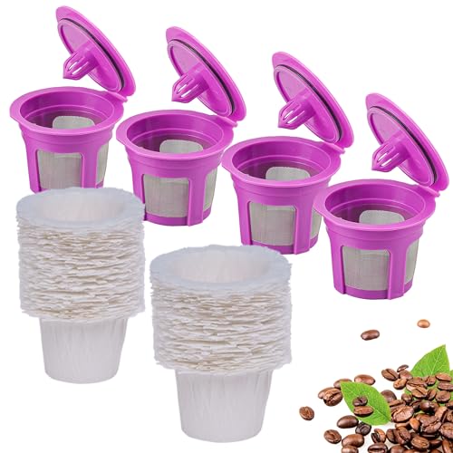 Irmidi 100 Count Disposable Coffee Paper Filters with 4 Pack Reusable K Cup Coffee Pods,Compatible with Keurig Brewers Single Serve 1.0 and 2.0, (100 count+4 k cups)