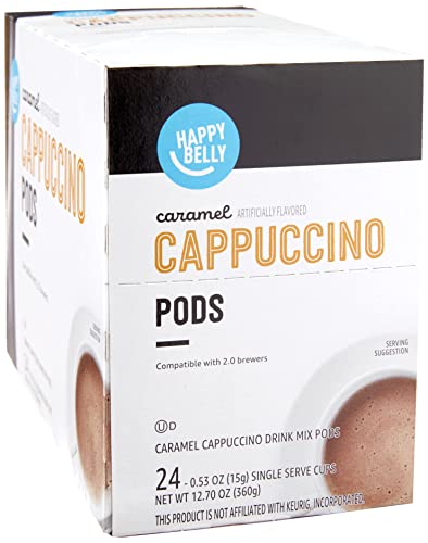 Amazon Brand - Happy Belly, Cappuccino Coffee Pods Compatible With K Cup Brewers, Light Roast, Caramel Flavored, 24 Count