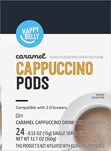 Amazon Brand - Happy Belly, Cappuccino Coffee Pods Compatible With K Cup Brewers, Light Roast, Caramel Flavored, 24 Count