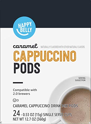 Amazon Brand - Happy Belly, Cappuccino Coffee Pods Compatible With K Cup Brewers, Light Roast, Caramel Flavored, 24 Count