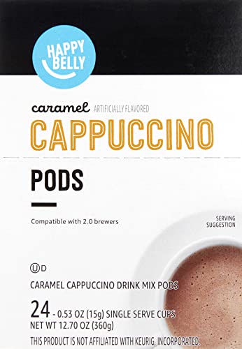Amazon Brand - Happy Belly, Cappuccino Coffee Pods Compatible With K Cup Brewers, Light Roast, Caramel Flavored, 24 Count