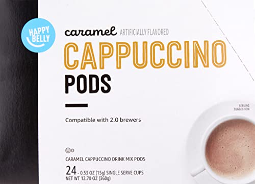 Amazon Brand - Happy Belly, Cappuccino Coffee Pods Compatible With K Cup Brewers, Light Roast, Caramel Flavored, 24 Count