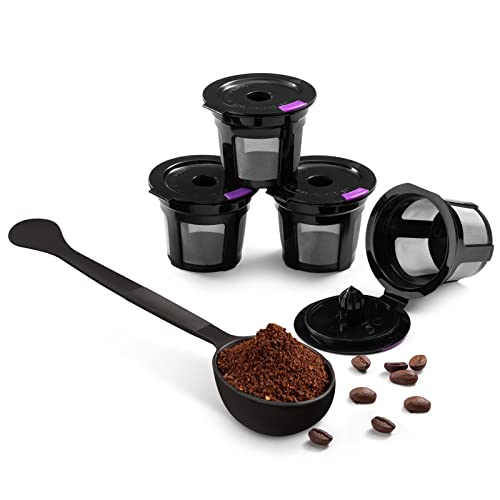 Reusable K Cup Coffee Filters Set, 4-Pack K Cup Coffee Pod Filters with 2 Tbsp Coffee Scoop, Refillable Single K Cup Compatible with Keurig 1.0 & 2.0 and Select Single Cup Coffee Makers