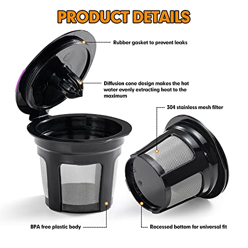 Reusable K Cup Coffee Filters Set, 4-Pack K Cup Coffee Pod Filters with 2 Tbsp Coffee Scoop, Refillable Single K Cup Compatible with Keurig 1.0 & 2.0 and Select Single Cup Coffee Makers