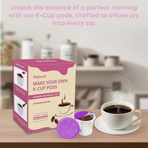 VELOCVIL, 48 Disposable Fillable K Cups Coffee Pods Set, Make Your Own Single Serve Pods, Compatible With 1.0 & 2.0 Keurig Brewers, Better Brew for Stronger Flavor.