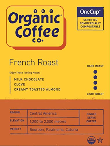 The Organic Coffee Co. Compostable Coffee Pods - French Roast (80 Ct) K Cup Compatible including Keurig 2.0, Dark Roast