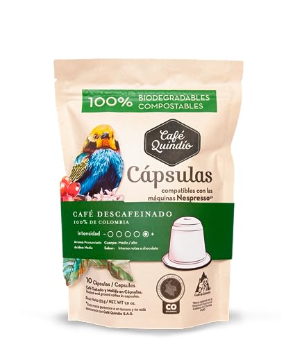 Cafe Quindio Biodegradable Coffee Capsules/Pods 5.5g, Arabic Colombian Roasted Coffee, Single State Coffee, compatibles with ESPRESSO ORIGINAL machines. (Decaf, 10 Pods)