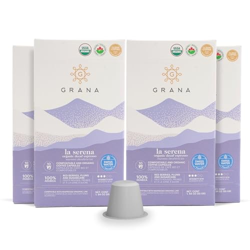 GRANA Organic Decaf Coffee Nespresso Compatible Pods, 100% Arabica Single Source Specialty Coffee, La Serena, 40 Compostable & Biodegradable Single Serve Capsules