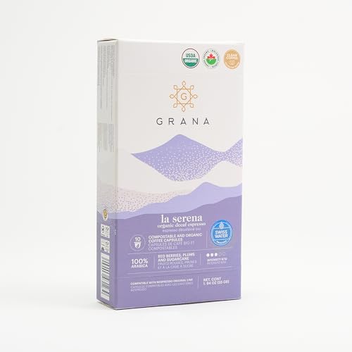 GRANA Organic Decaf Coffee Nespresso Compatible Pods, 100% Arabica Single Source Specialty Coffee, La Serena, 40 Compostable & Biodegradable Single Serve Capsules