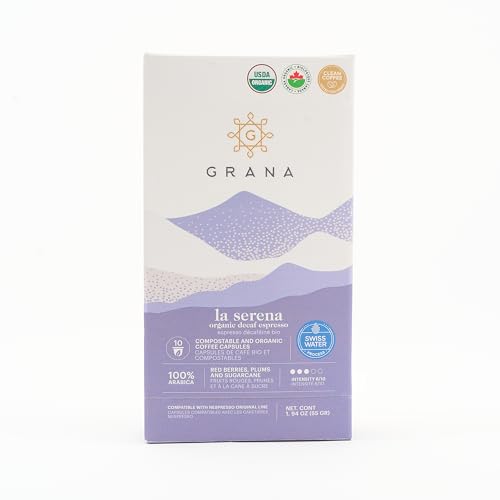 GRANA Organic Decaf Coffee Nespresso Compatible Pods, 100% Arabica Single Source Specialty Coffee, La Serena, 40 Compostable & Biodegradable Single Serve Capsules