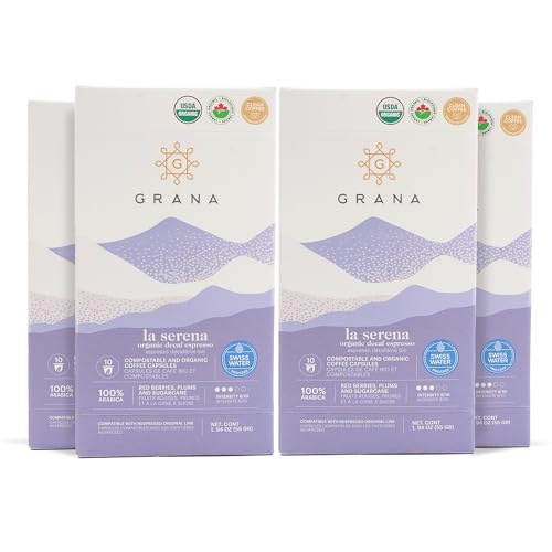 GRANA Organic Decaf Coffee Nespresso Compatible Pods, 100% Arabica Single Source Specialty Coffee, La Serena, 40 Compostable & Biodegradable Single Serve Capsules