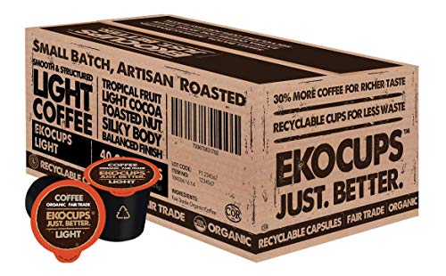 EKOCUPS Organic Coffee Pods, Light Roast Coffee, Single Serve Coffee for Keurig K Cups Machines, Fair Trade Coffee in Recyclable Pods, 40 Count
