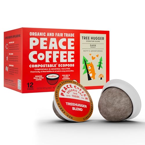 Peace Coffee Tree Hugger Compostable Coffee Pods | Signature Blend, Dark Roast | Organic Fair Trade | Shade Grown, Fresh Roasted | 12 Count