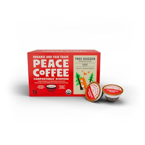 Peace Coffee Tree Hugger Compostable Coffee Pods | Signature Blend, Dark Roast | Organic Fair Trade | Shade Grown, Fresh Roasted | 12 Count