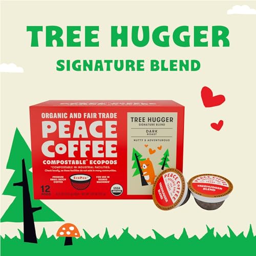 Peace Coffee Tree Hugger Compostable Coffee Pods | Signature Blend, Dark Roast | Organic Fair Trade | Shade Grown, Fresh Roasted | 12 Count
