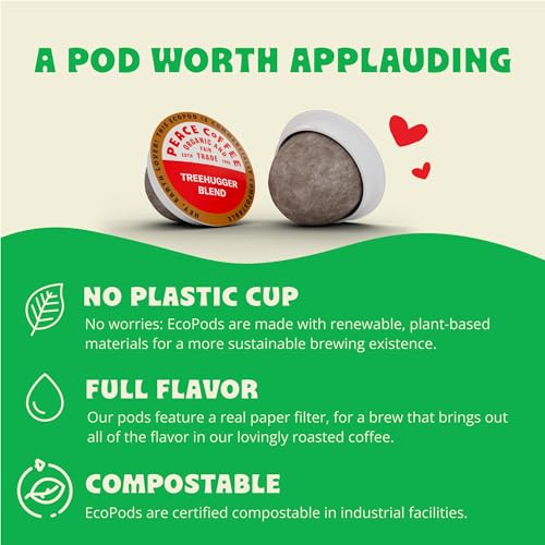 Peace Coffee Tree Hugger Compostable Coffee Pods | Signature Blend, Dark Roast | Organic Fair Trade | Shade Grown, Fresh Roasted | 12 Count