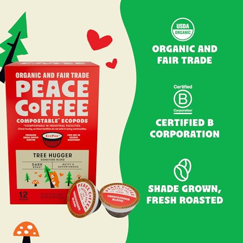 Peace Coffee Tree Hugger Compostable Coffee Pods | Signature Blend, Dark Roast | Organic Fair Trade | Shade Grown, Fresh Roasted | 12 Count