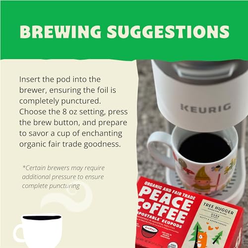 Peace Coffee Tree Hugger Compostable Coffee Pods | Signature Blend, Dark Roast | Organic Fair Trade | Shade Grown, Fresh Roasted | 12 Count
