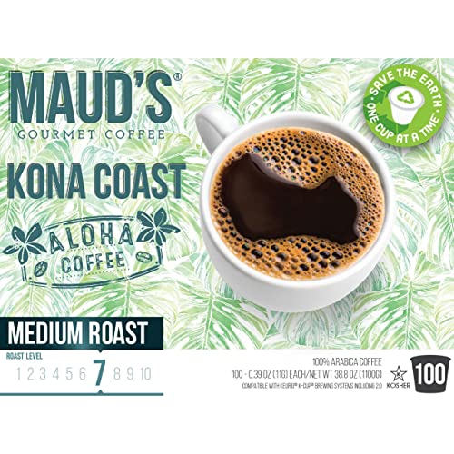 Maud's Kona Coffee Pods, 100 ct | Kona Coast Blend | 100% Arabica Medium Roast Coffee | Solar Energy Produced Recyclable Pods Compatible with Keurig K Cups Maker