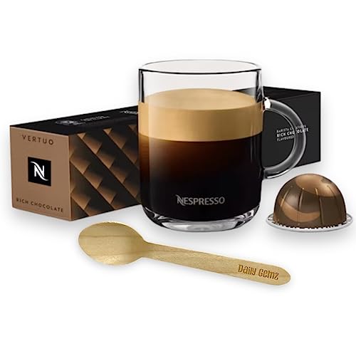Chocolate Coffee Pod Bundle With Nespresso Capsules VertuoLine, 1 Pack of 10 - Rich Chocolate Flavor Nespresso Vertuo Pods with Biodegradable Eco Friendly Wooden Coffee Stir Spoon by Daily Gemz