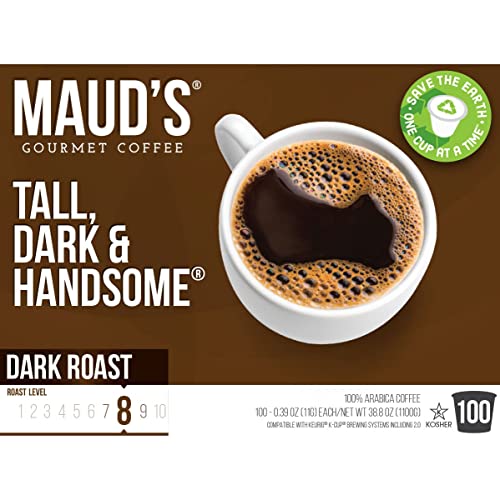 Maud's Dark Roast Coffee Pods, 100 ct | Tall, Dark & Handsome Coffee Blend | 100% Arabica Dark Roast Coffee | Solar Energy Produced Recyclable Pods Compatible with Keurig K Cups Maker
