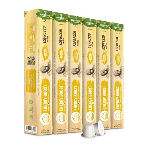 La Natura Espresso Roast Energy Boost Coffee Pods Compatible with Nespresso Original Line - Compostable, Enhanced with Vitamins D, B6, B12, Iron, Zinc - Pack of 60