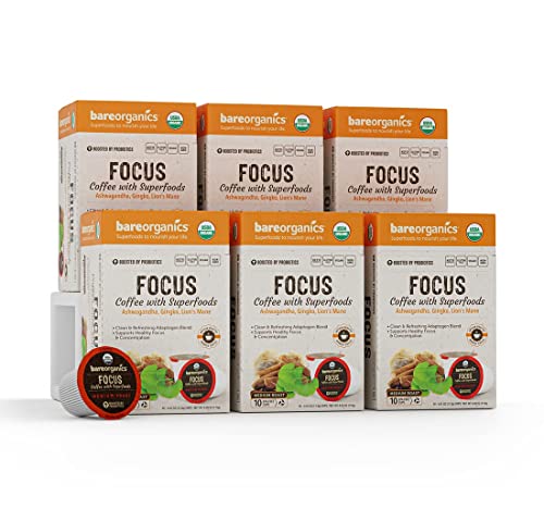 BareOrganics Focus Coffee Pods With Superfoods & Probiotics | Keurig K-Cup Compatible | USDA Certified Organic, Vegan, Non-GMO & Recyclable Single Serve 10ct (Pack of 6)