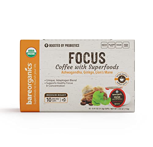 BareOrganics Focus Coffee Pods With Superfoods & Probiotics | Keurig K-Cup Compatible | USDA Certified Organic, Vegan, Non-GMO & Recyclable Single Serve 10ct (Pack of 6)