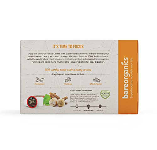 BareOrganics Focus Coffee Pods With Superfoods & Probiotics | Keurig K-Cup Compatible | USDA Certified Organic, Vegan, Non-GMO & Recyclable Single Serve 10ct (Pack of 6)