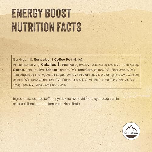 La Natura Espresso Roast Energy Boost Coffee Pods Compatible with Nespresso Original Line - Compostable, Enhanced with Vitamins D, B6, B12, Iron, Zinc - Pack of 60