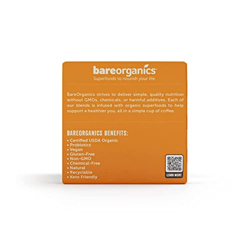 BareOrganics Focus Coffee Pods With Superfoods & Probiotics | Keurig K-Cup Compatible | USDA Certified Organic, Vegan, Non-GMO & Recyclable Single Serve 10ct (Pack of 6)