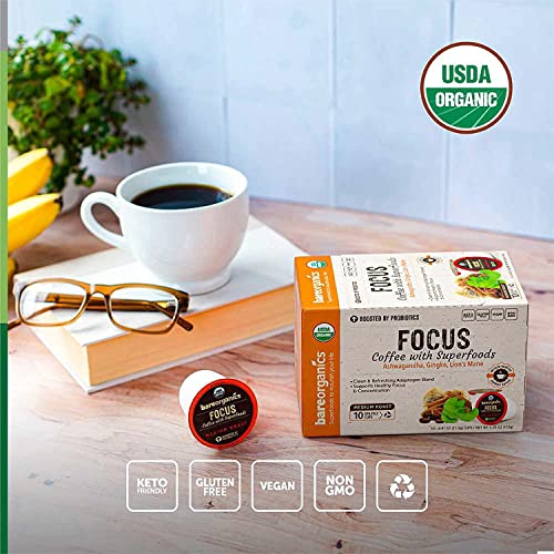 BareOrganics Focus Coffee Pods With Superfoods & Probiotics | Keurig K-Cup Compatible | USDA Certified Organic, Vegan, Non-GMO & Recyclable Single Serve 10ct (Pack of 6)