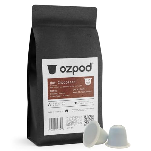 Ozpod Hot Chocolate Pods for Nespresso, Smooth and Creamy Original Hot Chocolate Pods, 100% Compostable and Biodegradable from Australia, 15 Single Serve Cups Nespresso Hot Cocoa Pods