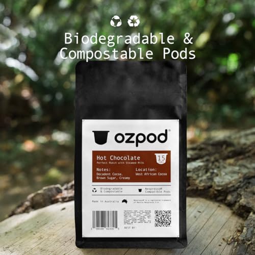 Ozpod Hot Chocolate Pods for Nespresso, Smooth and Creamy Original Hot Chocolate Pods, 100% Compostable and Biodegradable from Australia, 15 Single Serve Cups Nespresso Hot Cocoa Pods