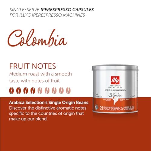 illy Coffee iperEspresso Capsules - Single-Serve Coffee Capsules & Pods - Single Origin Coffee Pods – Colombia Medium Roast with Notes of Fruit - For iperEspresso Capsule Machines – 21 Count, 6 Pack