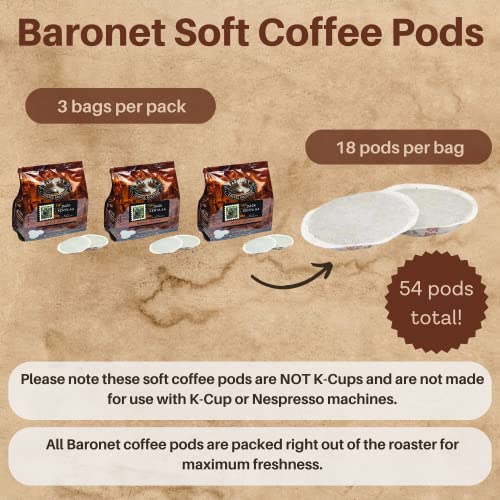 Baronet Coffee Pods [Dark Kenya AA-54 Pods] Single Cup Use Like Senseo Coffee Pods- 3 Bags of 18 Single Serve 8 Gram Pods, Regular Strength Soft Coffee Pods, Medium Roast [Dark Kenya AA]